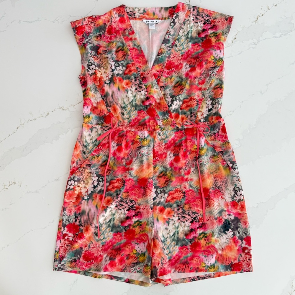 Athleta Women's Marlow Romper Pink Orange Floral Pattern Size M